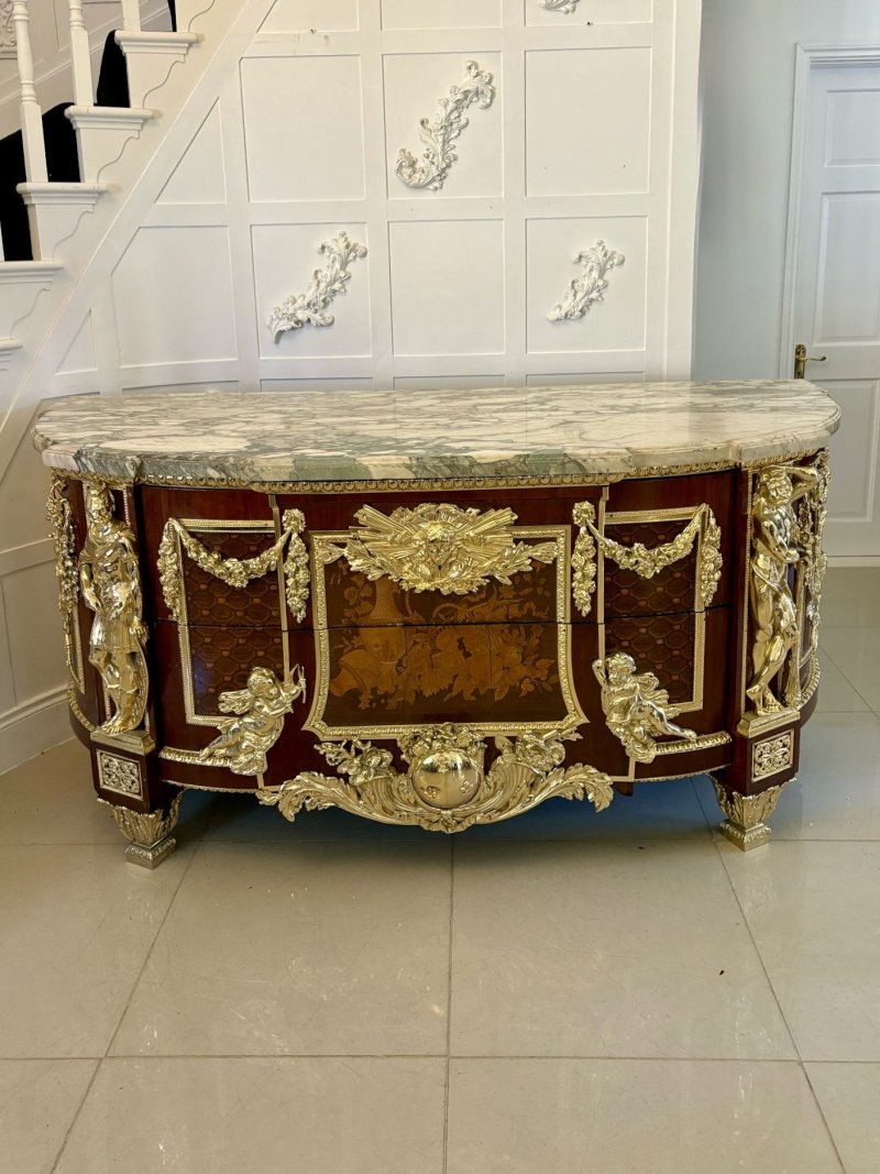 Antique Rare Fine Pair of French Early 20th Century Mahogany, Fruitwood Marquetry and Gilt Bronze Mounted Commodes In the Louis XVI Style, after the Original By Jean-Henri Riesener - Image 2